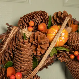 36cm Hanging Artificial Harvest Home Autumn Wreath with Pinecones and Pumpkins