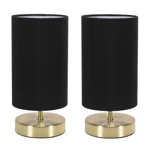 Pair - Brushed Gold Cylinder Touch Dimmer Table Lamp with Black Fabric Shade Bedside Light Bedside Light - LED Bulbs Included