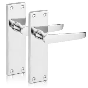 Lever Latch Flat Polished Chrome Door Handles, Long 6" Backplate