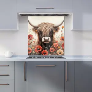 Highland Cow And Summer Flowers Kitchen Splashback