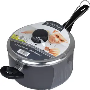 22cm Non-Stick Chip Pan with Lid & Basket - Aluminum, Easy Clean, Ergonomic Heat Resistant Handle, Dishwasher Safe - FS080