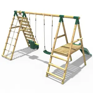 Rebo Wooden Swing Set with Deck and Slide plus Up and Over Climbing Wall - Moonstone Green