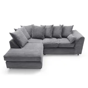 Jumbo Grey Cord Left Facing Corner Sofa for Living Room with Thick Luxury Deep Filled Cushioning