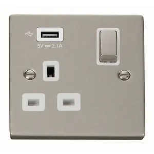 Pearl Nickel 1 Gang 13A DP Ingot 1 USB Switched Plug Socket - White Trim - SE Home