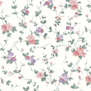 Laura Ashley White & Coral Pink Priory Smooth Wallpaper