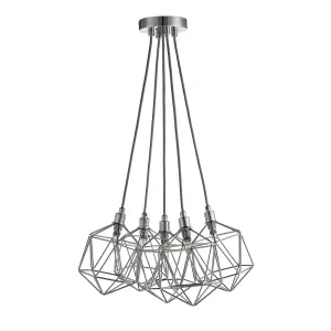 nielsen Ropely Retro Style Metal Basket Cage 5 Light Cluster Ceiling Pendant with Chrome Shades, 43cm Wide