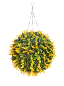 Pair of Best Artificial 38cm Yellow Lush Lavender Hanging Basket Flower Topiary Ball - Weather & Fade Resistant