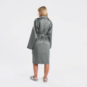 Luxury Satin Robe Womens Dressing Gown Ladies Soft Nightwear, Charcoal - S/M