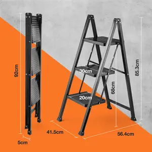 VonHaus Slim 3 Step Ladder with Anti Slip Steps and Feet, Black Lightweight Folding Stepladder - 150KG Max Capacity, Easy to Store