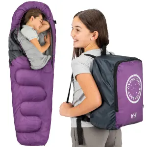 Trail Kids Sleeping Bag Mummy Hooded 3 Season Soft Warm 2 Way Zip Purple Boys Girls