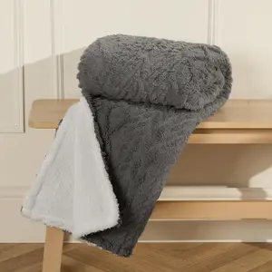 Cable Knit Blanket Sherpa Fleece Plush Supersoft Warm Throw, Grey - 130 x 160cm