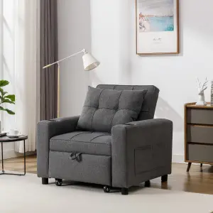 Hudson 1-Seater Sofa Bed Linen Fabric With Cup Holders Grey