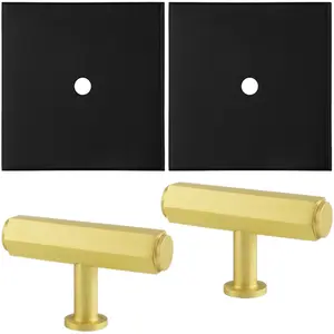 2 PACK - Cabinet Door Knob & Contrasting Backplate Set - Hex T Bar Pull - Satin Brass & Matt Black