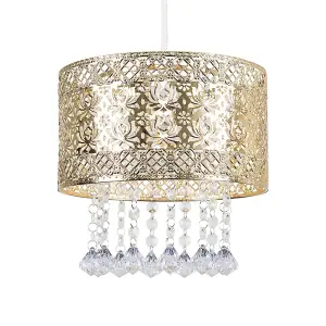 ValueLights Enna Modern Intricate Pattern Gold Ceiling Pendant Light Shade with Jewel Droplets