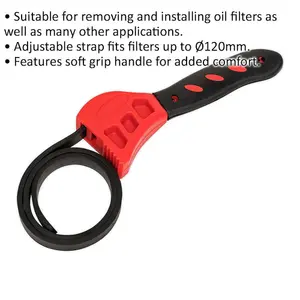 120mm Adjustable Strap Wrench - Soft Grip Handle - Oil Filter Removal Strap