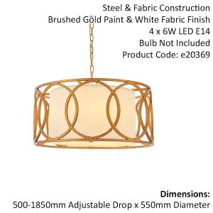 Brushed Gold Multi Arm Ceiling Pendant Light - White Fabric Shade - Dimmable