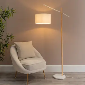 ValueLights Adrianna Wooden Hanging Floor Lamp with White Drum Lamp Shade and LED Bulb