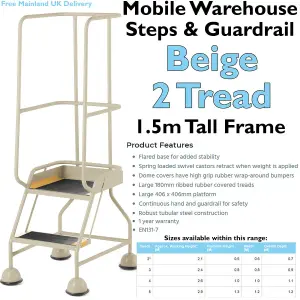 2 Tread Mobile Warehouse Steps & Guardrail BEIGE 1.5m Portable Safety Stairs