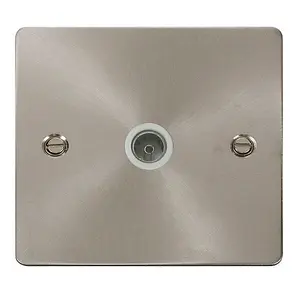 Flat Plate Satin / Brushed Chrome 1 Gang Single Coaxial TV Socket - White Trim - SE Home