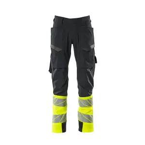 Mascot Accelerate Safe Ultimate Stretch Trousers with Thigh Pockets - Dark Navy/Hi-Vis Yellow   (46.5) (Leg Length - Regular)