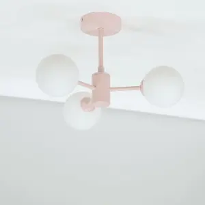 ValueLights Marlow Blush Pink 3 Way Ceiling Light with White Frosted Glass Globe Lampshades - LED Bulbs Included