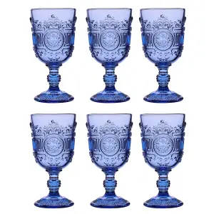 Set of 6 Luxury Blue Embossed Drinking Wine Glass Wine Goblets 300ml