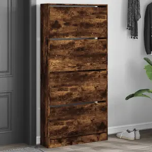 Berkfield Shoe Cabinet with 4 Flip-Drawers Smoked Oak 80x21x163.5 cm