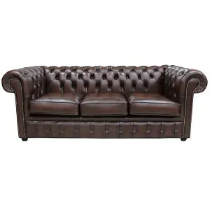 Chesterfield 3 Seater Antiquen Brown Leather Tufted Buttoned Sofa In Classic Style