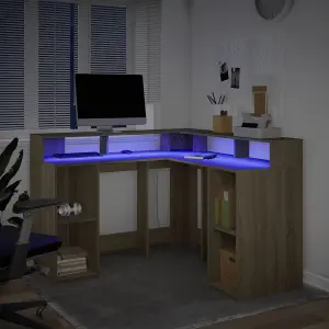 Berkfield Desk with LED Lights Sonoma Oak 130x130x91 cm Engineered Wood