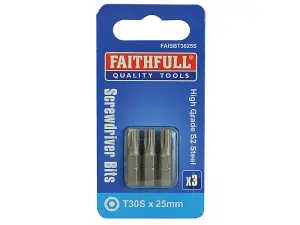 Faithfull  Security S2 Grade Steel Screwdriver Bits T30S x 25mm (Pack 3) FAISBT3025S