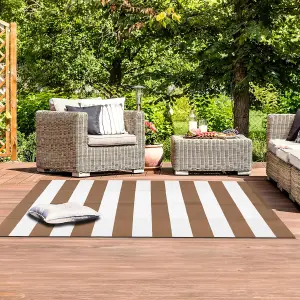 Large Garden Outdoor Rug For Patio, Taupe & White Line Waterproof Garden Rug 160 x 230cm