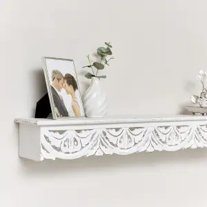 Melody Maison White Wooden Carved Boho Wall Shelf - 60cm