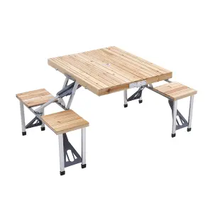 Garden Solid Wood Foldable Table Benches Set 4 Seats for Outdoor with Parasol Hole