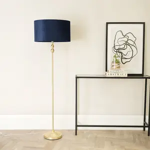 ValueLights Maggie Gold Candlestick Floor Lamp with Navy Blue Velvet Lamp Shade and LED Bulb