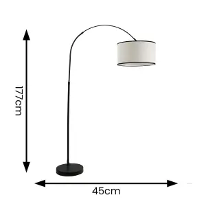 ValueLights Louis Black Metal Arched Floor Lamp with Linen Black Trim Drum Shade and LED Bulb