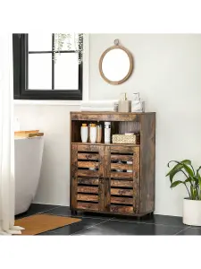 VASAGLE Bathroom Cabinet Storage Cabinet 4 Tier Rustic Chic Shelf 60 X 30 X 80 Cm With Louver Doors, Compartments, Rustic Brown