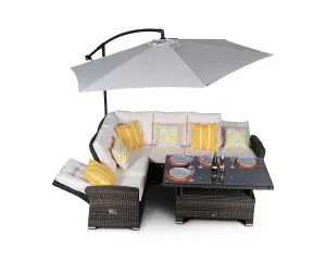 Seville Outdoor Rattan Garden Corner Sofa Dining Set with 3m Parasol - Brown