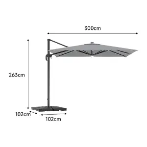 3M Square Cantilever Parasol with Solar Light and Parasol Base