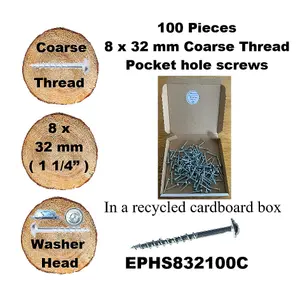 Pocket Hole Screws for Softwoods, 32mm Long, Pack of 100, Coarse Self-Cutting Threaded Square Drive, EPHS832100C, EPH Woodworking