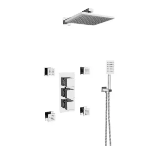 Nes Home Olive Square 3 Way Concealed Thermostatic Shower Mixer Valve, Shower Head, Handheld, 4x Body Jets Set Chrome