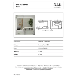 RAK Ornate 600x800mm Brushed Nickel Square with Touch Sensor Illuminated Mirror IP44