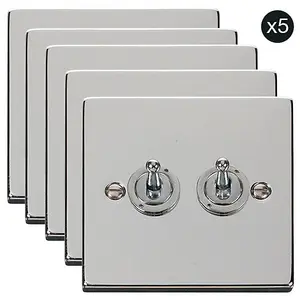 5 PACK - Polished Chrome 2 Gang 2 Way 10AX Toggle Light Switch - SE Home