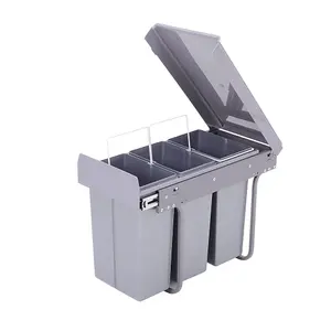 Grey 3 x 10L Rectangular Integrated Kitchen Pull Out Bin Waste and Recycling Bin for Cabinet Under Counter Storage