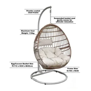 Dellonda Rattan Outdoor Garden Hanging Swing Egg Chair & Cushions, Steel Frame