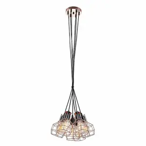 Luminosa Industrial And Retro Hanging Pendant Black, Copper 6 Light  with Wire Shade, E27