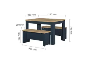 Birlea Highgate Dining Table & Bench Set Navy Blue & Oak