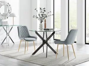 Furniturebox UK Novara 100cm Round Black Leg Dining Table & 2 Grey Pesaro Gold Leg Chairs