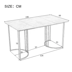 Metal Frame Rectangular Dining Table in Modern Marble Pattern Kitchen Table with Adjustable Feet, White/Black