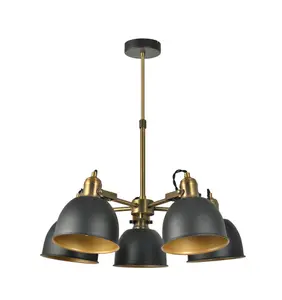 nielsen Langley 5 Light Industrial Chandelier, Matt Black and Antique Brass Finish, 52cm Wide