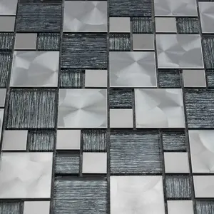 Luxury Textured Grey Glass & Brushed Steel Mix Mosaic Wall Tiles Sheet 8mm